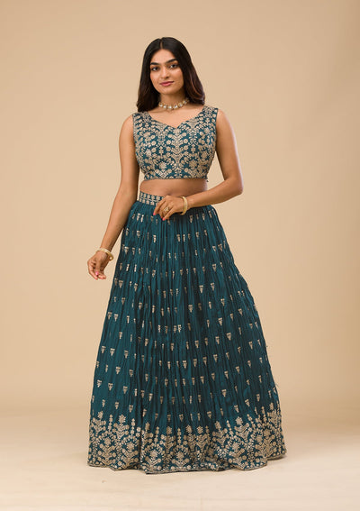 Peacock Blue Threadwork Raw Silk Readymade Lehenga-Koskii