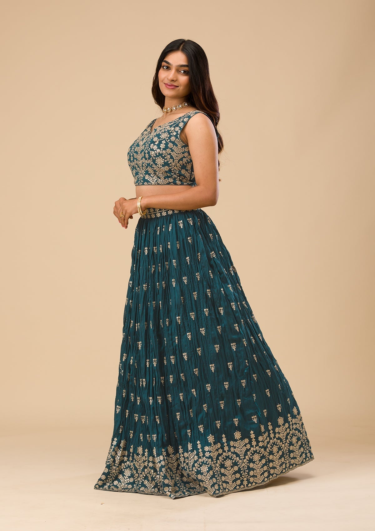 Peacock Blue Threadwork Raw Silk Readymade Lehenga-Koskii