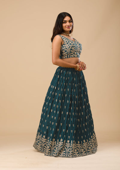 Peacock Blue Threadwork Raw Silk Readymade Lehenga-Koskii