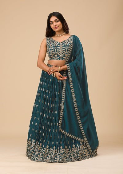 Peacock Blue Threadwork Raw Silk Readymade Lehenga-Koskii