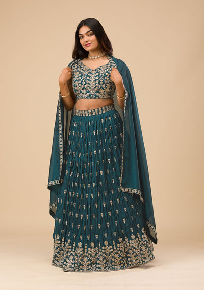 Peacock Blue Threadwork Raw Silk Readymade Lehenga-Koskii