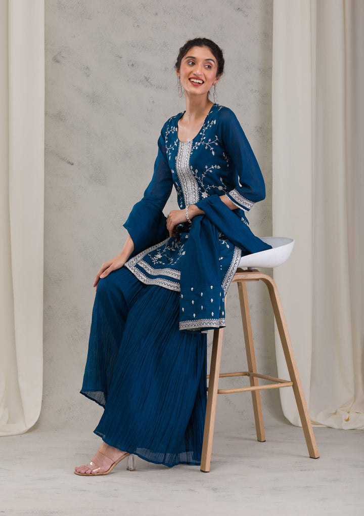 Peacock Blue Threadwork Raw Silk Readymade Salwar Kameez