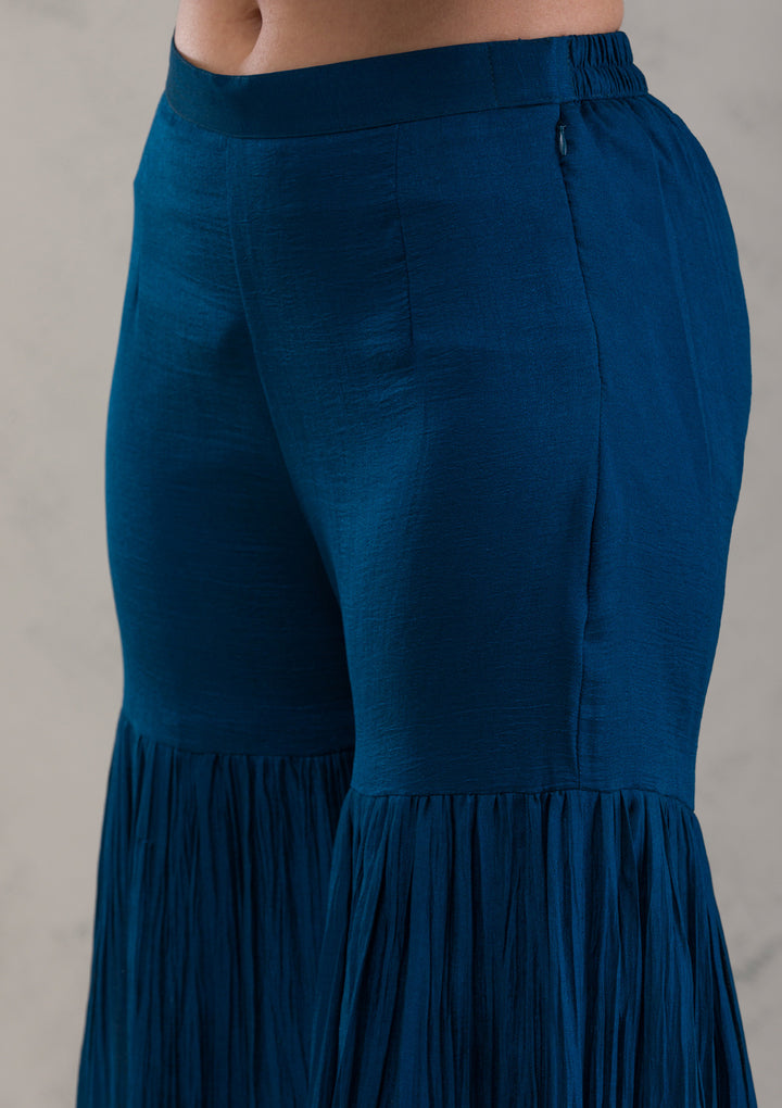 Peacock Blue Threadwork Raw Silk Readymade Salwar Kameez