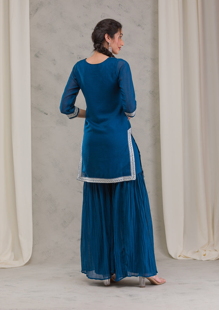 Peacock Blue Threadwork Raw Silk Readymade Salwar Kameez