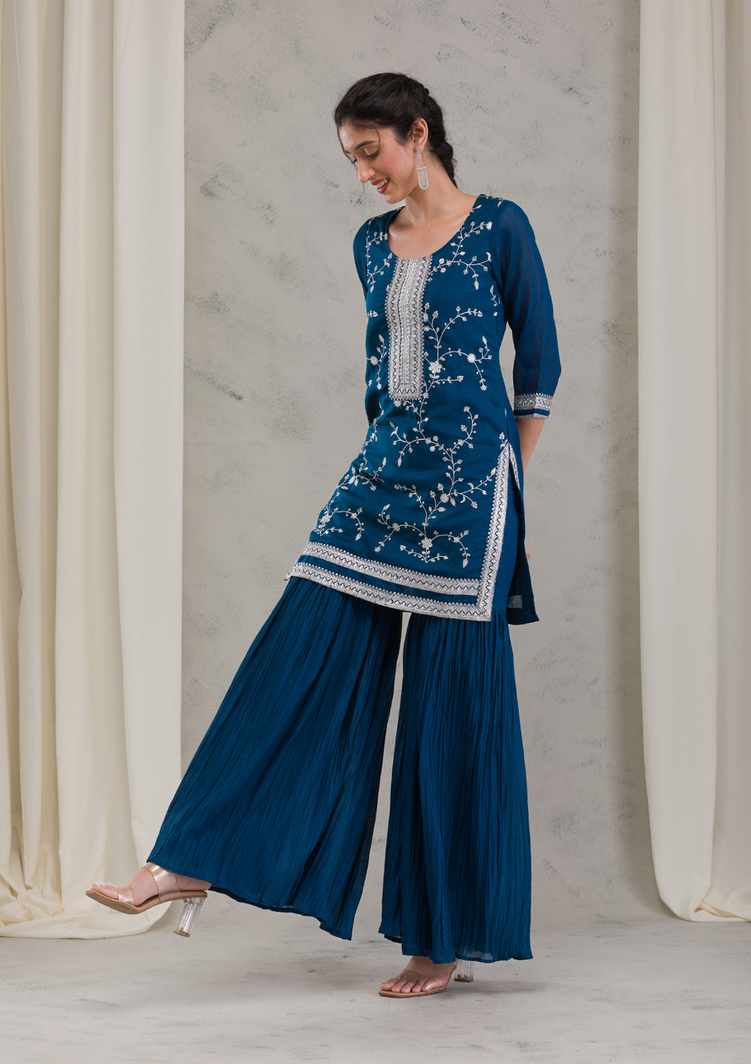 Peacock Blue Threadwork Raw Silk Readymade Salwar Kameez