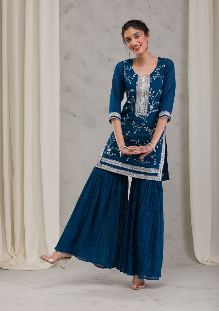 Peacock Blue Threadwork Raw Silk Readymade Salwar Kameez