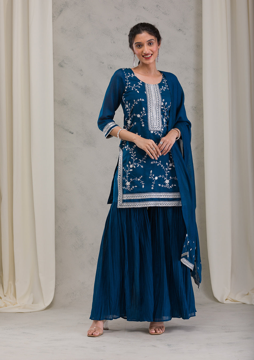 Peacock Blue Threadwork Raw Silk Readymade Salwar Kameez