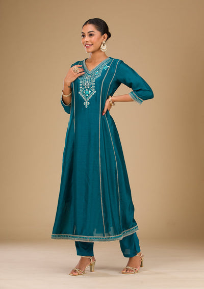 Peacock Blue Threadwork Raw Silk Readymade Salwar Suit-Koskii