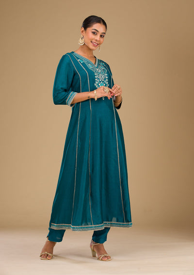 Peacock Blue Threadwork Raw Silk Readymade Salwar Suit-Koskii