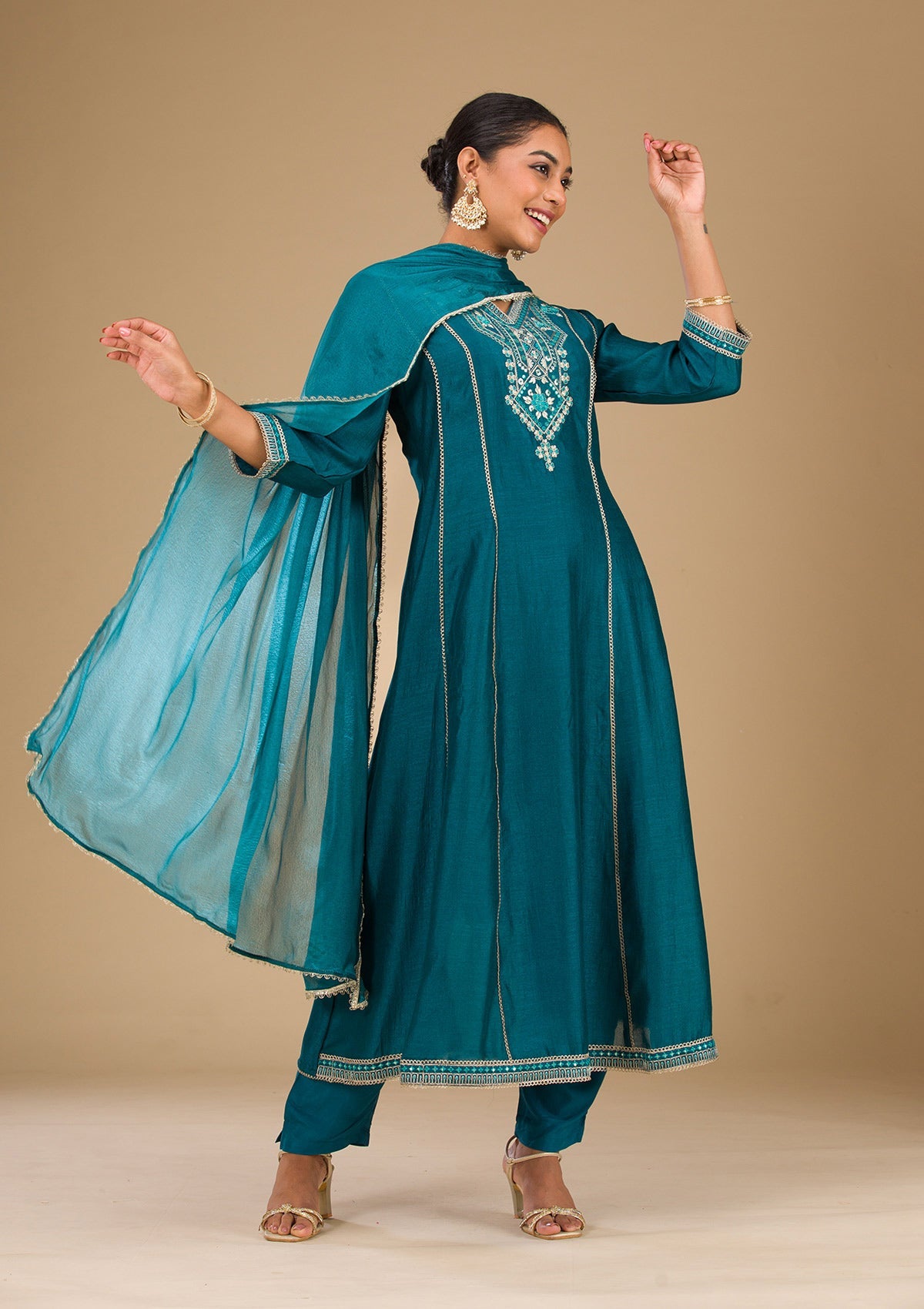 Peacock Blue Threadwork Raw Silk Readymade Salwar Suit-Koskii