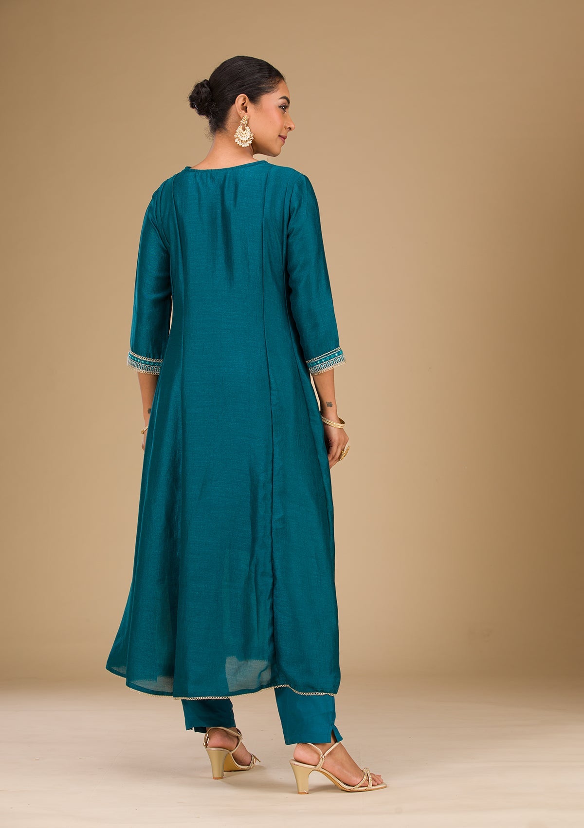 Peacock Blue Threadwork Raw Silk Readymade Salwar Suit-Koskii