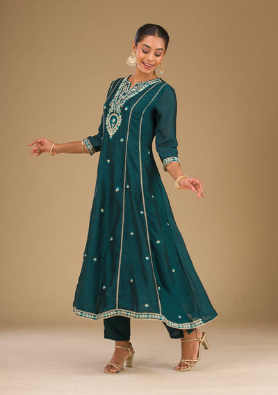 Peacock Blue Threadwork Raw Silk Readymade Salwar Suit-Koskii