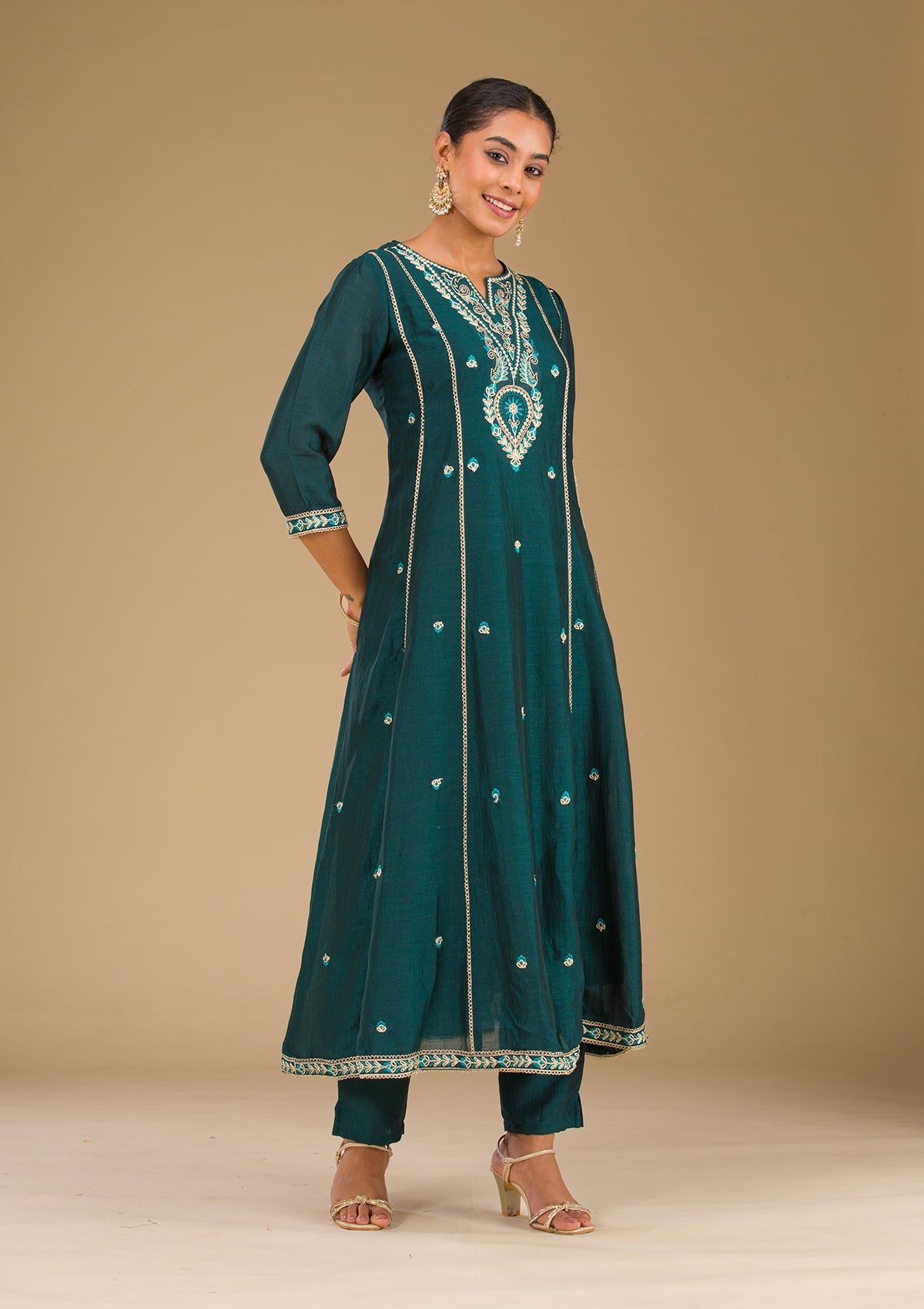 Peacock Blue Threadwork Raw Silk Readymade Salwar Suit-Koskii