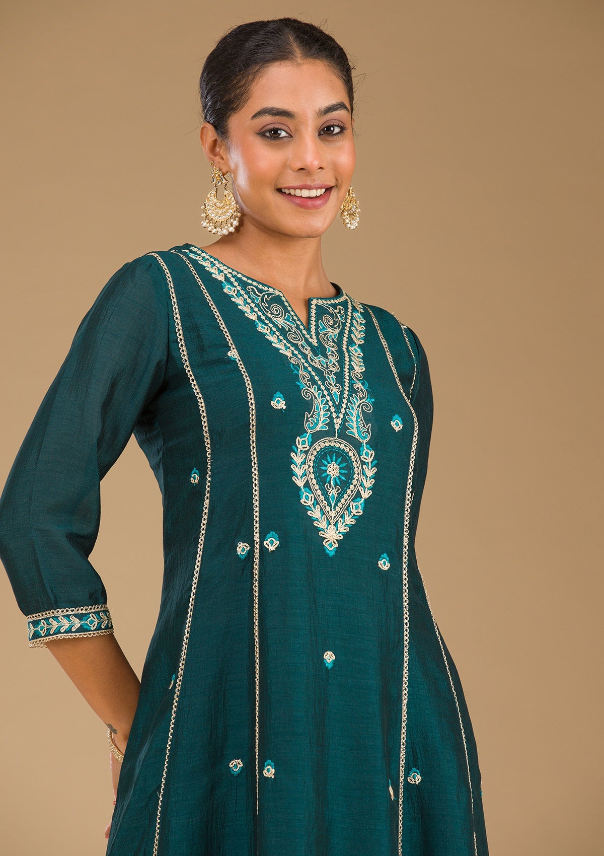 Peacock Blue Threadwork Raw Silk Readymade Salwar Suit-Koskii