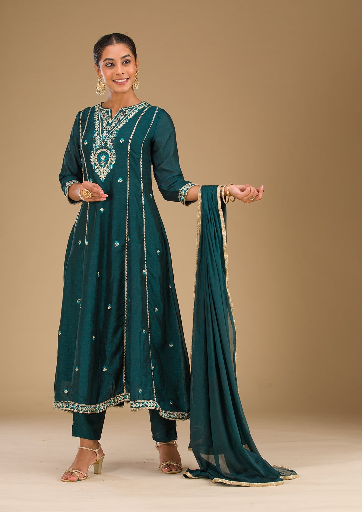 Peacock Blue Threadwork Raw Silk Readymade Salwar Suit-Koskii