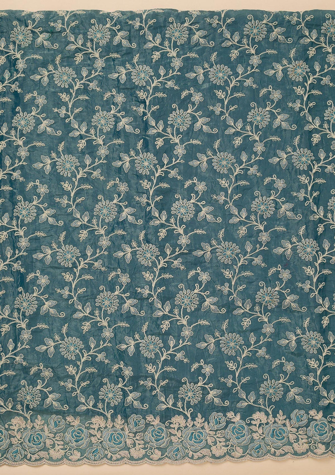 Peacock Blue Threadwork Semi Crepe Unstitched Salwar Suit