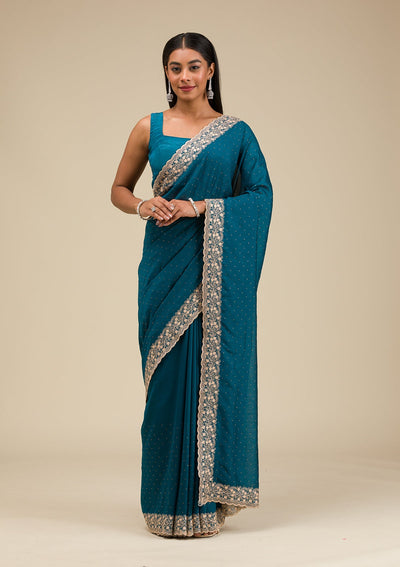 Peacock Blue Threadwork Soft Slik Saree-Koskii