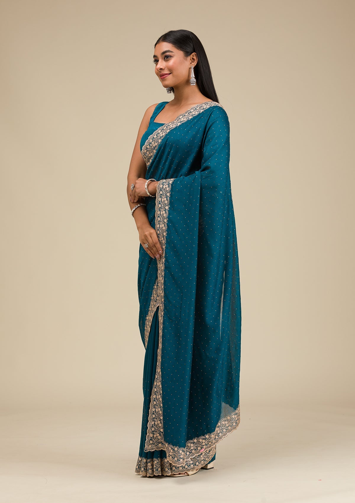 Peacock Blue Threadwork Soft Slik Saree-Koskii