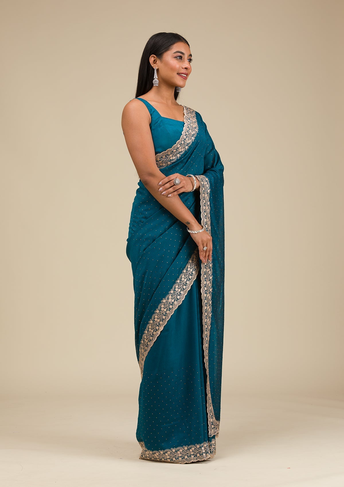 Peacock Blue Threadwork Soft Slik Saree-Koskii