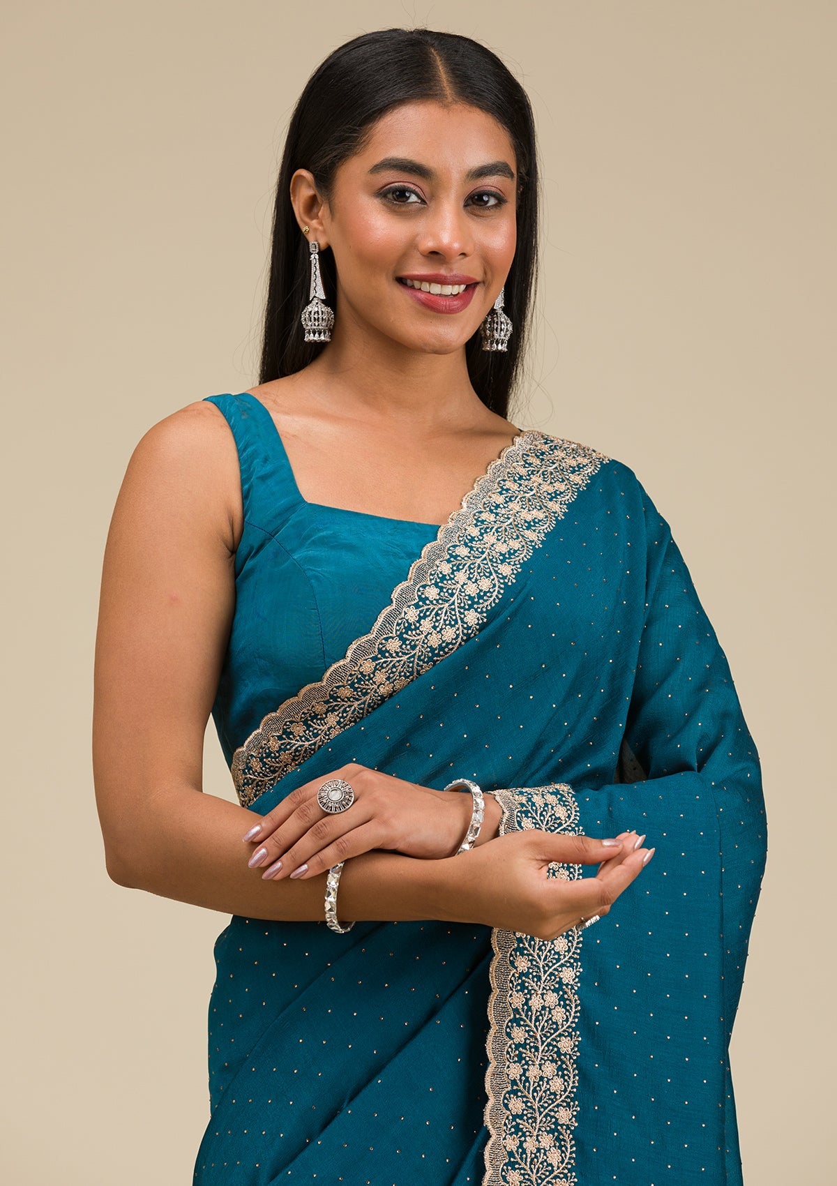 Peacock Blue Threadwork Soft Slik Saree-Koskii