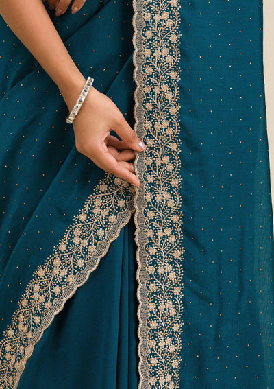 Peacock Blue Threadwork Soft Slik Saree-Koskii