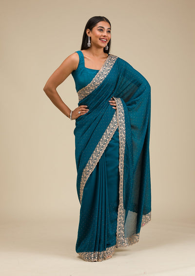 Peacock Blue Threadwork Soft Slik Saree-Koskii