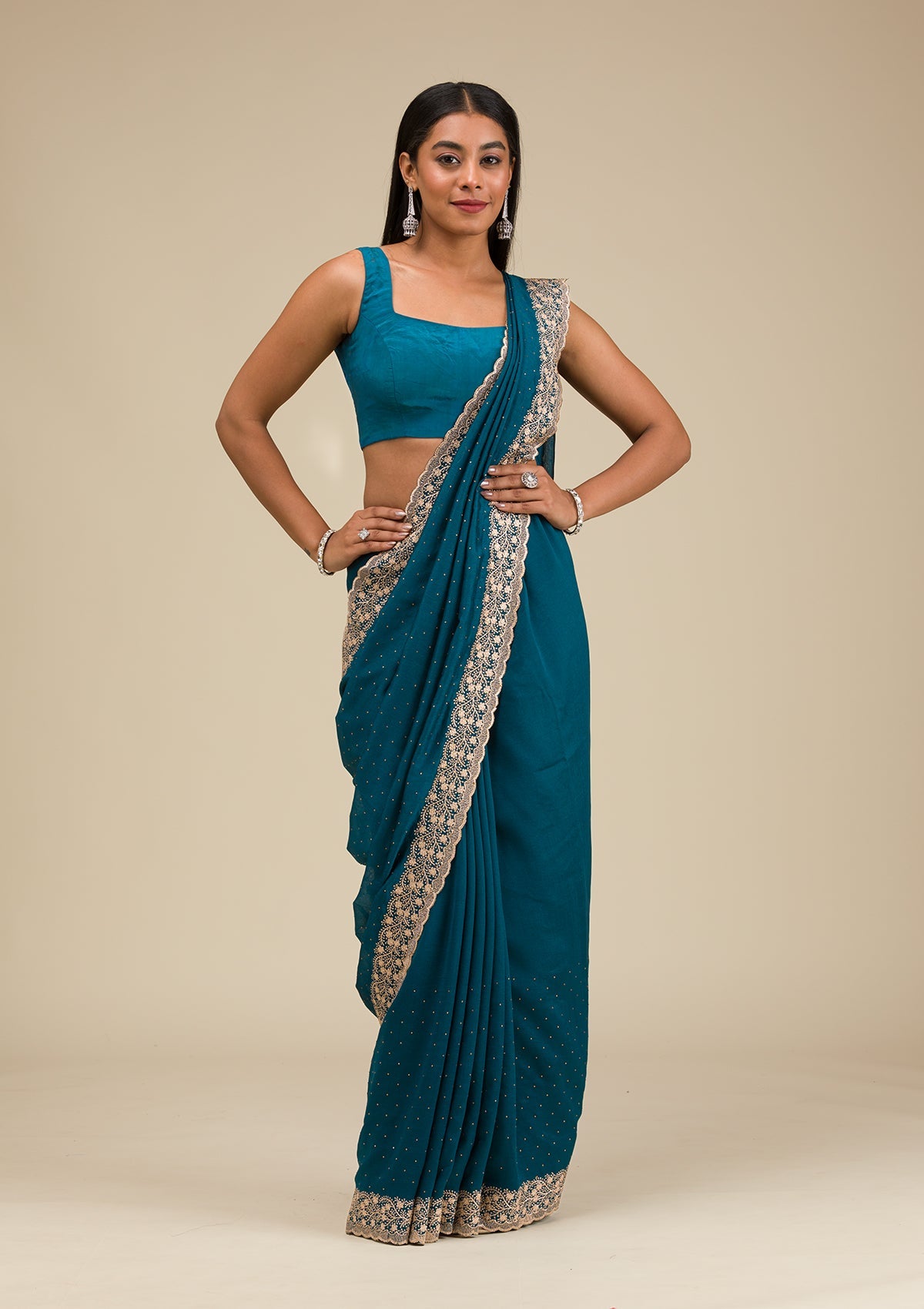 Peacock Blue Threadwork Soft Slik Saree-Koskii