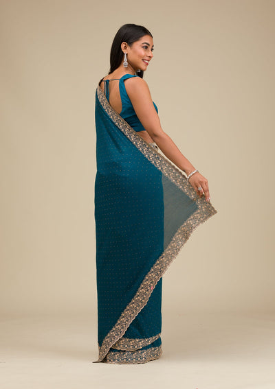 Peacock Blue Threadwork Soft Slik Saree-Koskii