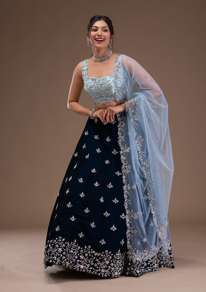 Peacock Blue Zardosi Velvet Readymade Lehenga-Koskii