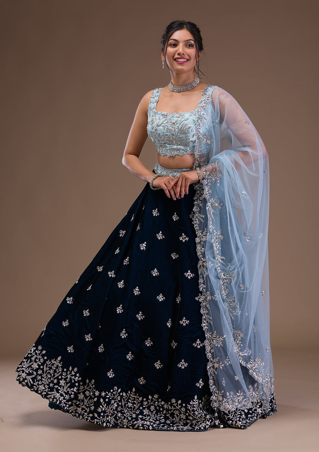 Peacock Blue Zardosi Velvet Readymade Lehenga-Koskii