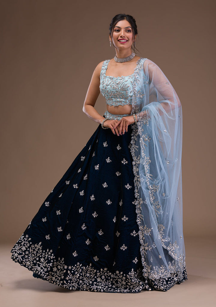Peacock Blue Zardosi Velvet Readymade Lehenga-Koskii