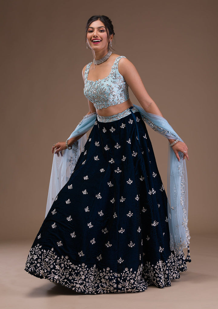 Peacock Blue Zardosi Velvet Readymade Lehenga-Koskii