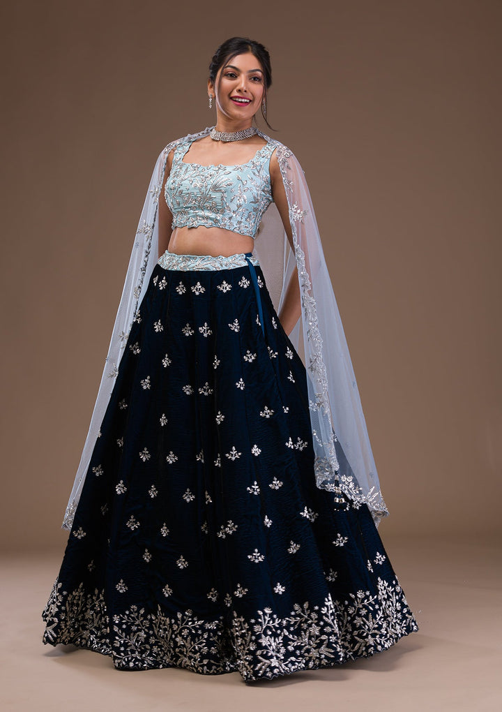 Peacock Blue Zardosi Velvet Readymade Lehenga-Koskii