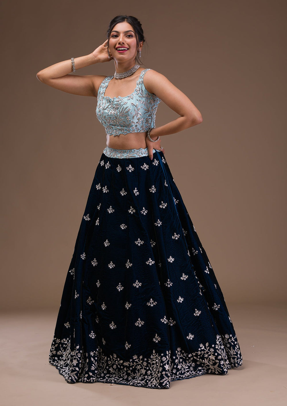 Peacock Blue Zardosi Velvet Readymade Lehenga-Koskii