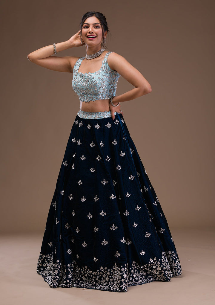 Peacock Blue Zardosi Velvet Readymade Lehenga-Koskii