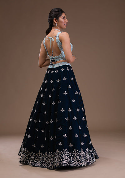 Peacock Blue Zardosi Velvet Readymade Lehenga-Koskii