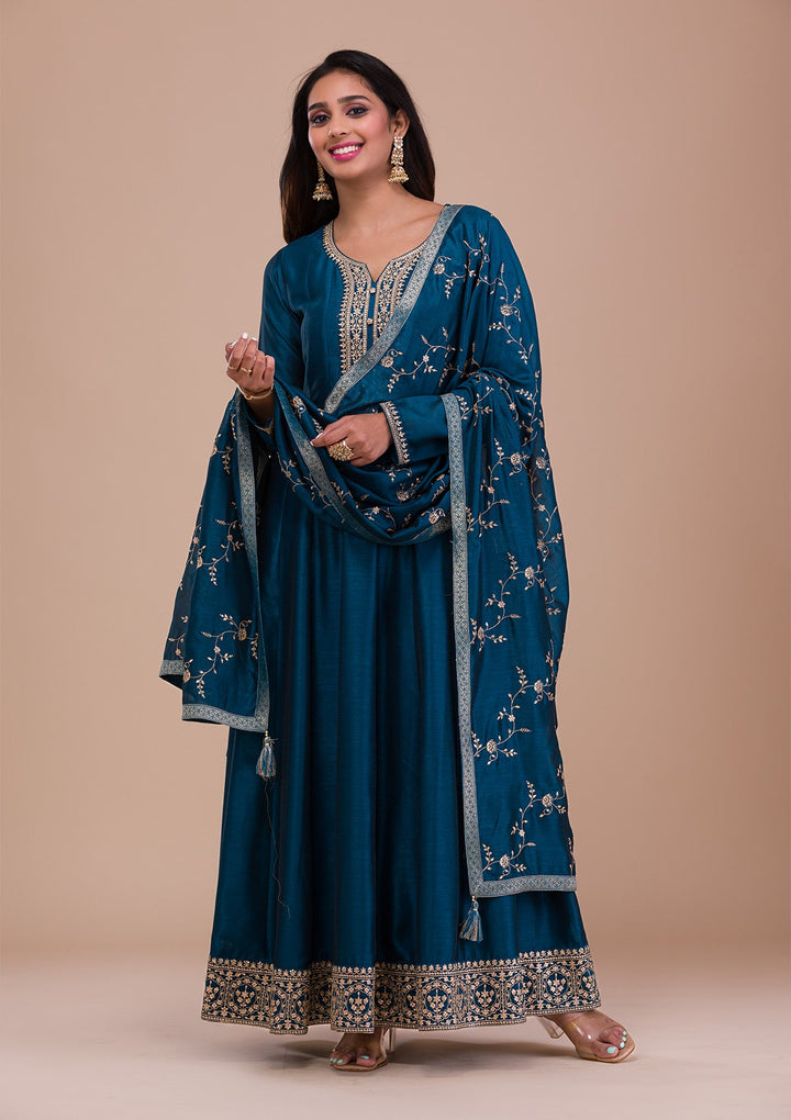 Peacock Blue Zariwork Art Silk Readymade Sharara Kameez