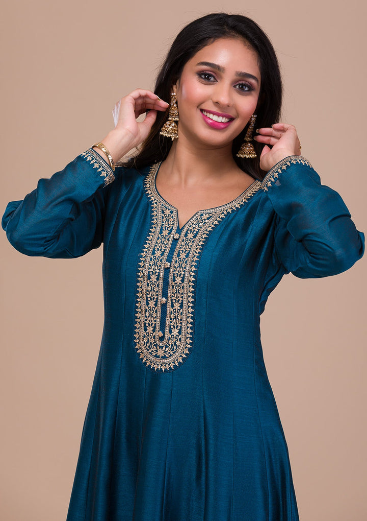 Peacock Blue Zariwork Art Silk Readymade Sharara Kameez