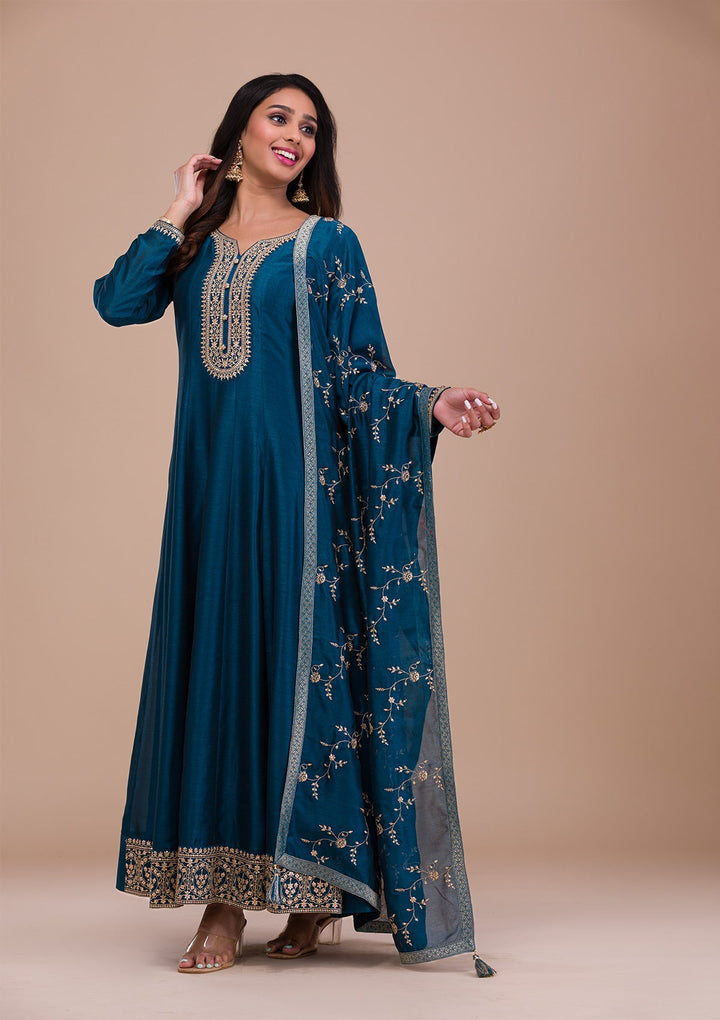 Peacock Blue Zariwork Art Silk Readymade Sharara Kameez