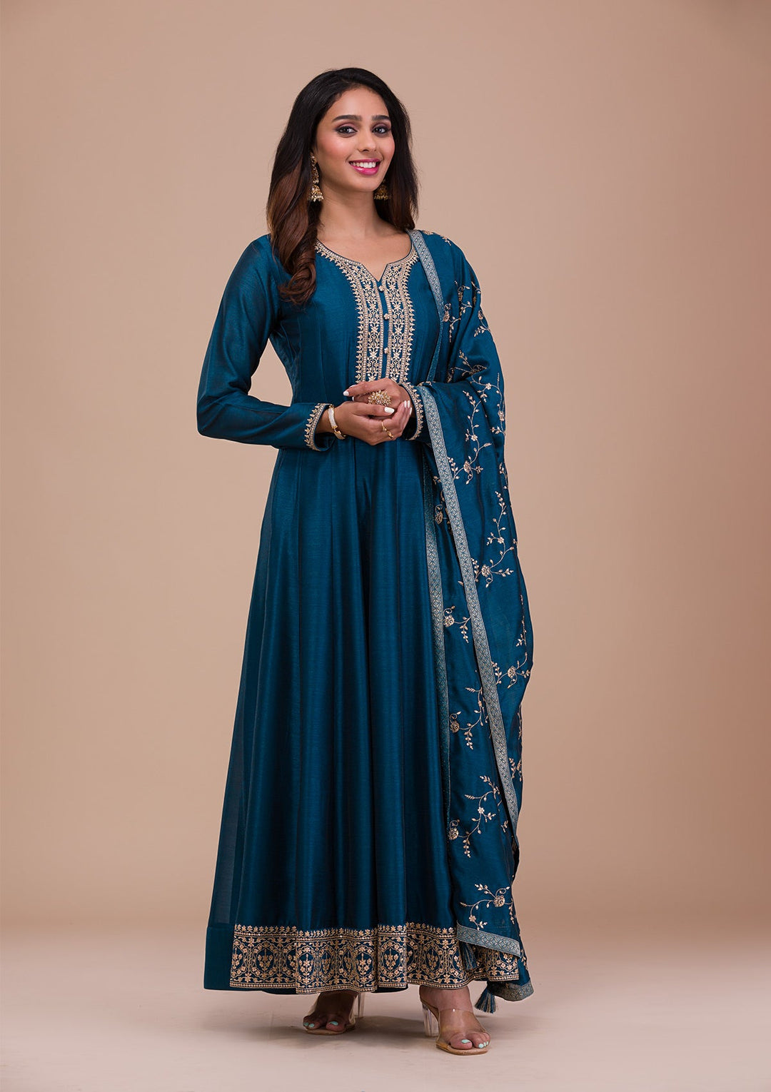 Peacock Blue Zariwork Art Silk Readymade Sharara Kameez