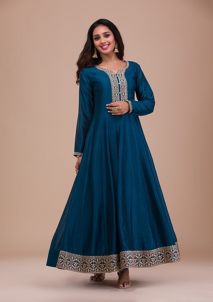 Peacock Blue Zariwork Art Silk Readymade Sharara Kameez