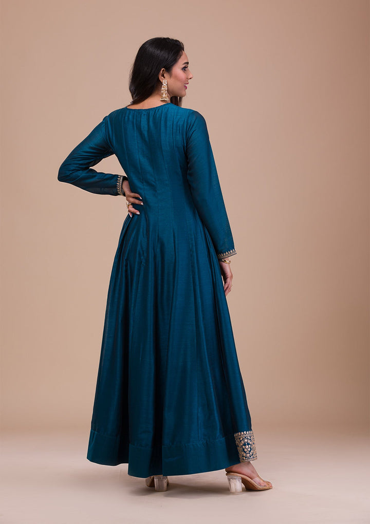 Peacock Blue Zariwork Art Silk Readymade Sharara Kameez