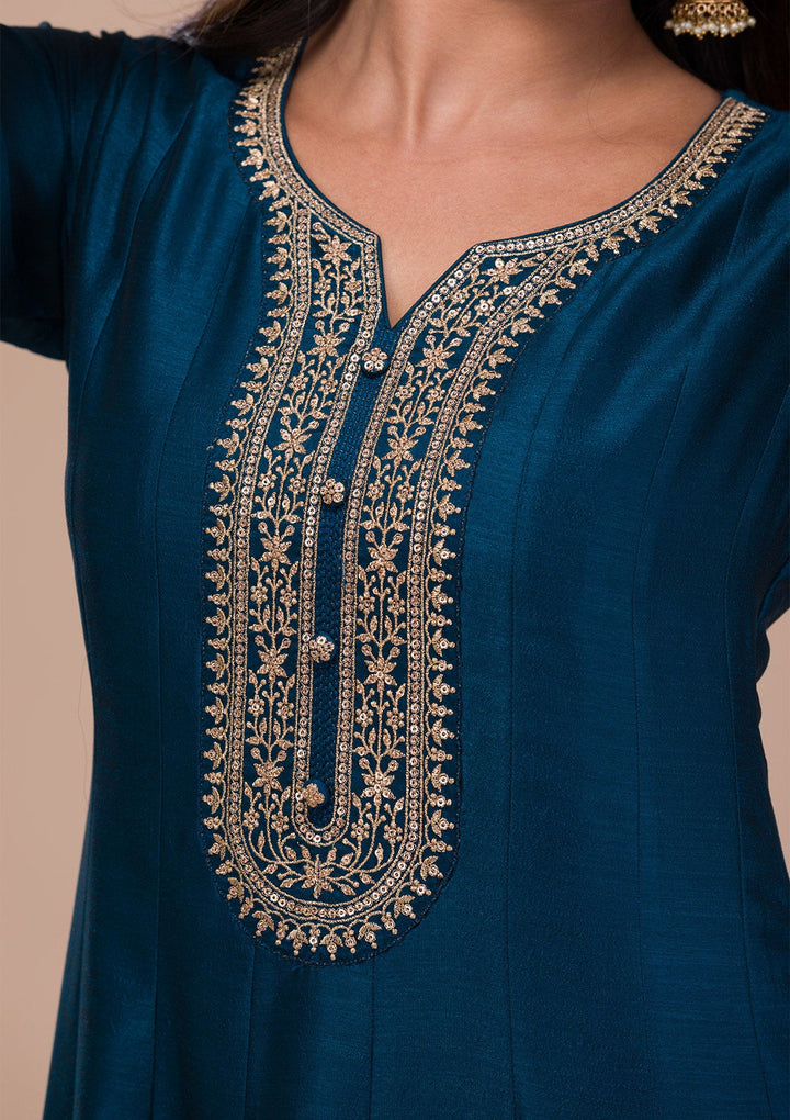 Peacock Blue Zariwork Art Silk Readymade Sharara Kameez