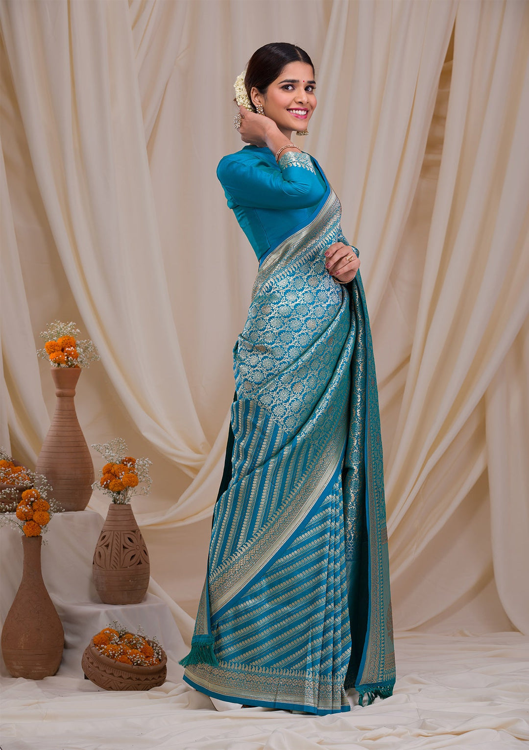 Peacock Blue Zariwork Art Silk Saree-Koskii