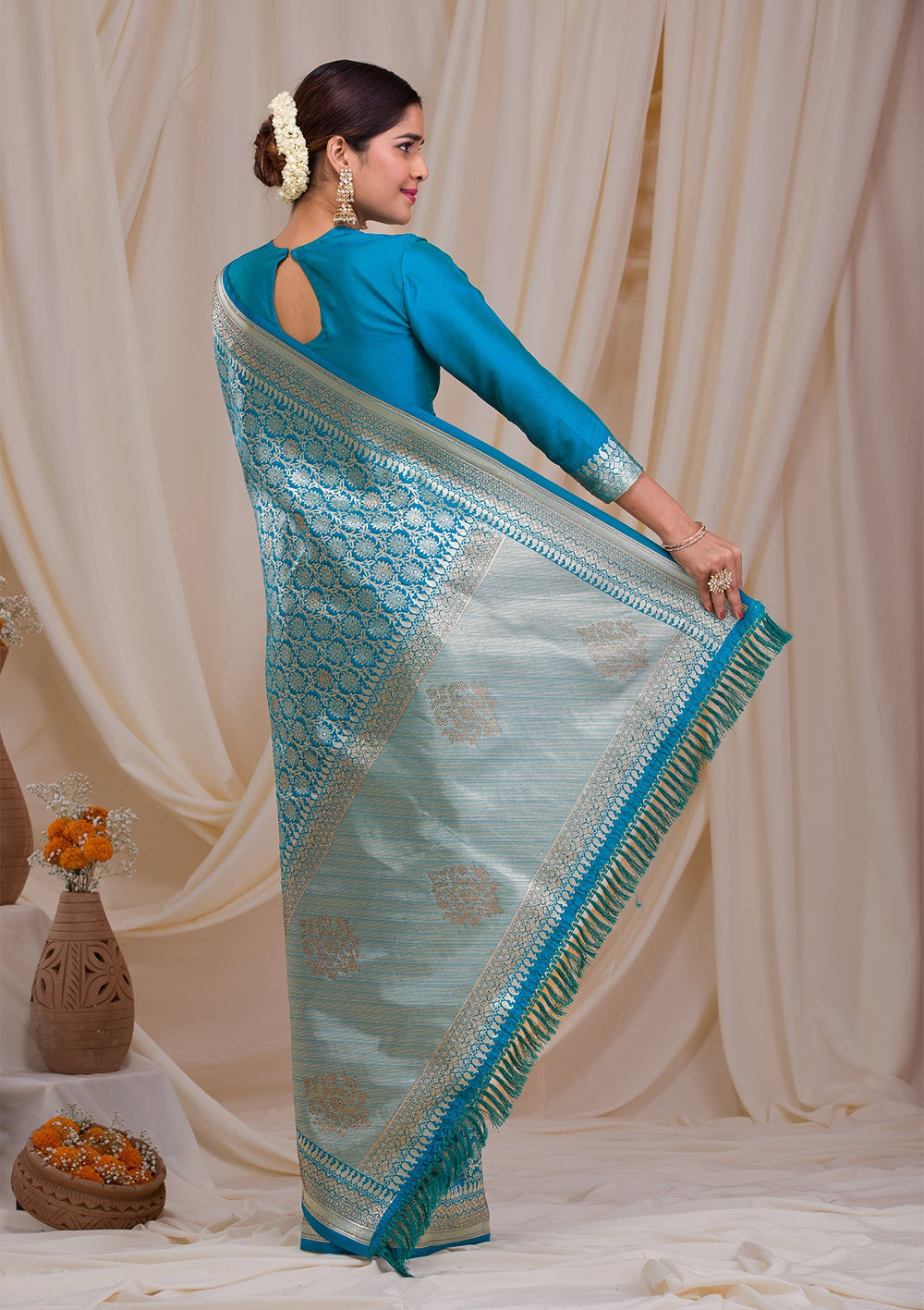 Peacock Blue Zariwork Art Silk Saree-Koskii