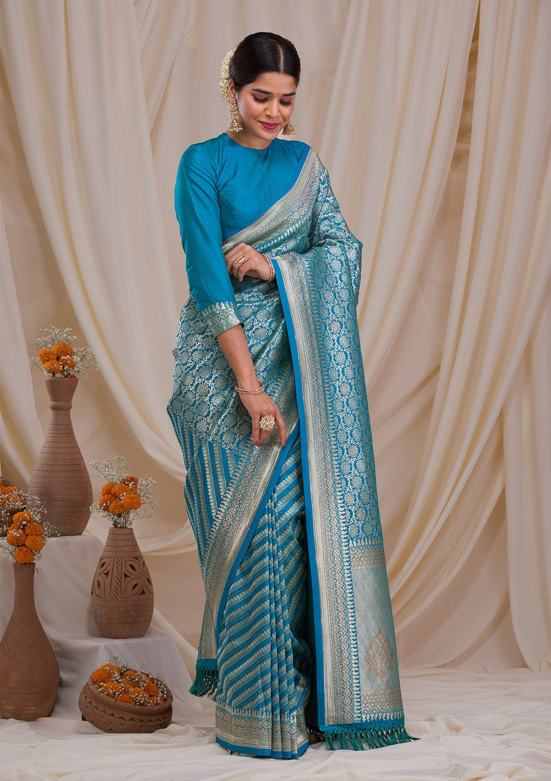 Peacock Blue Zariwork Art Silk Saree-Koskii