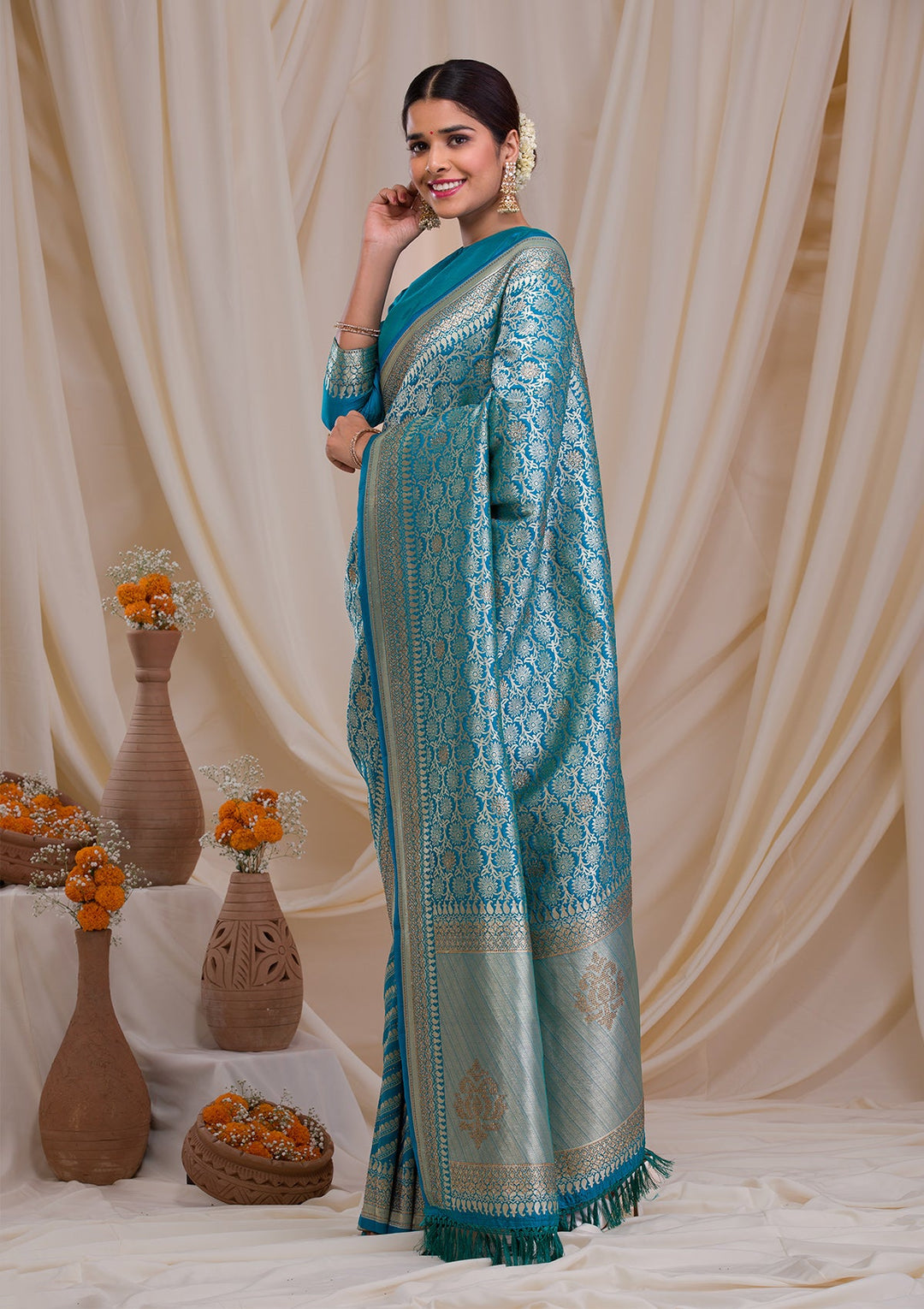 Peacock Blue Zariwork Art Silk Saree-Koskii