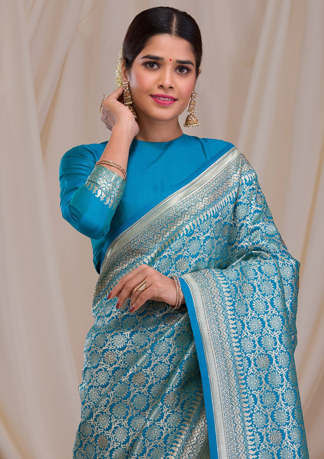 Peacock Blue Zariwork Art Silk Saree-Koskii