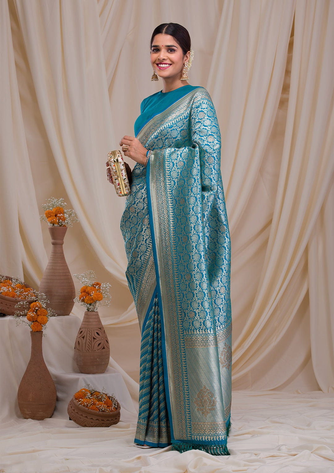 Peacock Blue Zariwork Art Silk Saree-Koskii