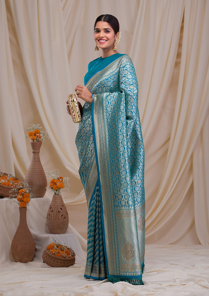 Peacock Blue Zariwork Art Silk Saree-Koskii